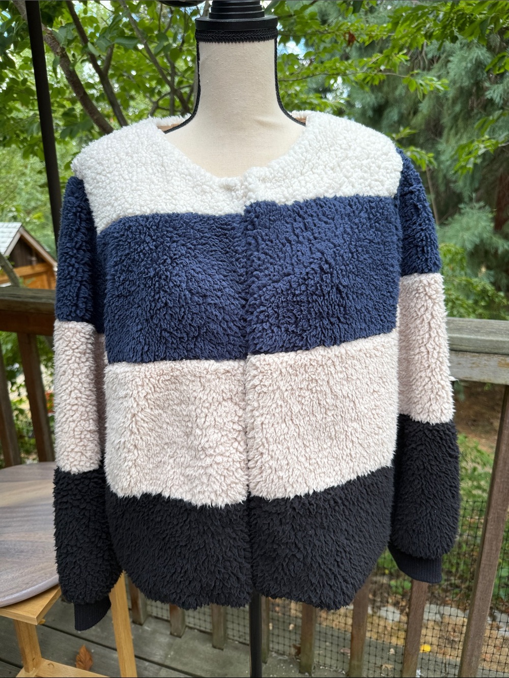 Peyton Jensen Faux Fur Striped Sherpa Teddy Jacket in Navy, Cream & Black